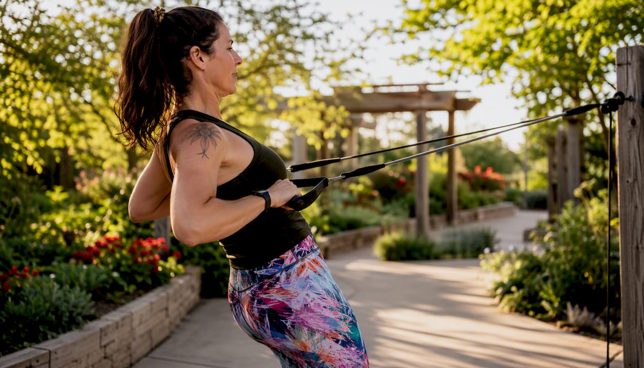 Person doing resistance band row exercise