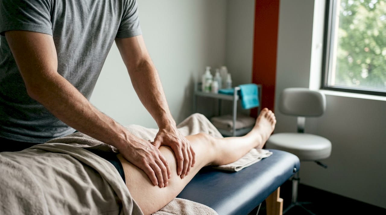 Hands performing fascial release therapy on hip area