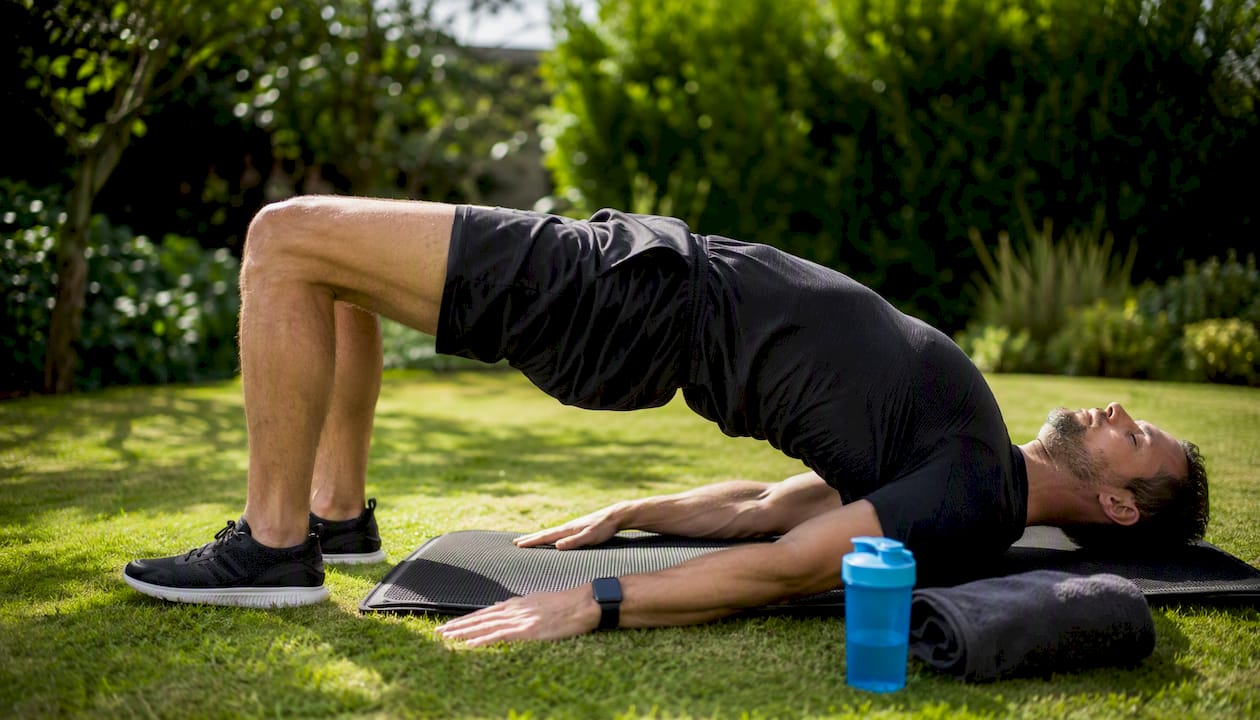 Man doing glute bridge exercise on yoga mat
