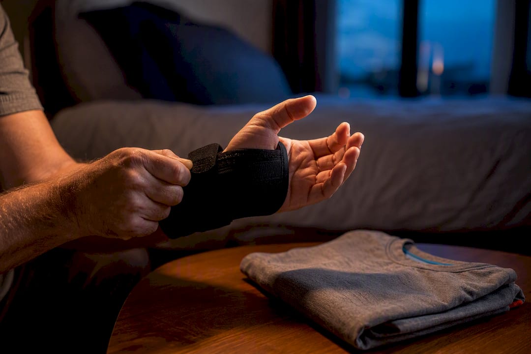Adult fastening wrist splint before sleep
