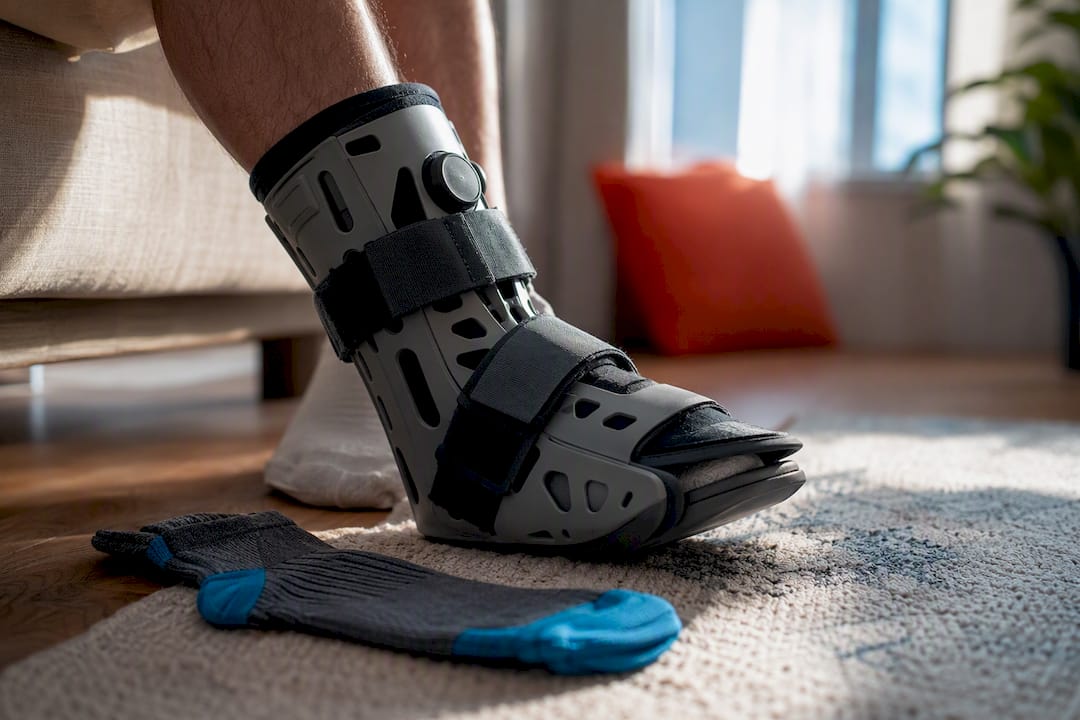 Ankle in removable boot during recovery