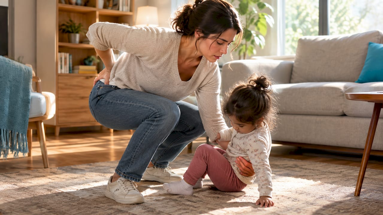 Parent carefully lifting child with back discomfort