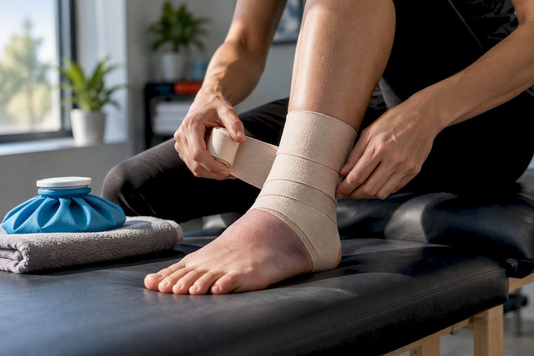 Compression wrap applied to swollen ankle