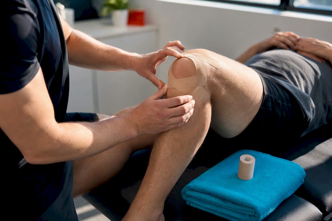 Therapist applying tape around patient’s kneecap