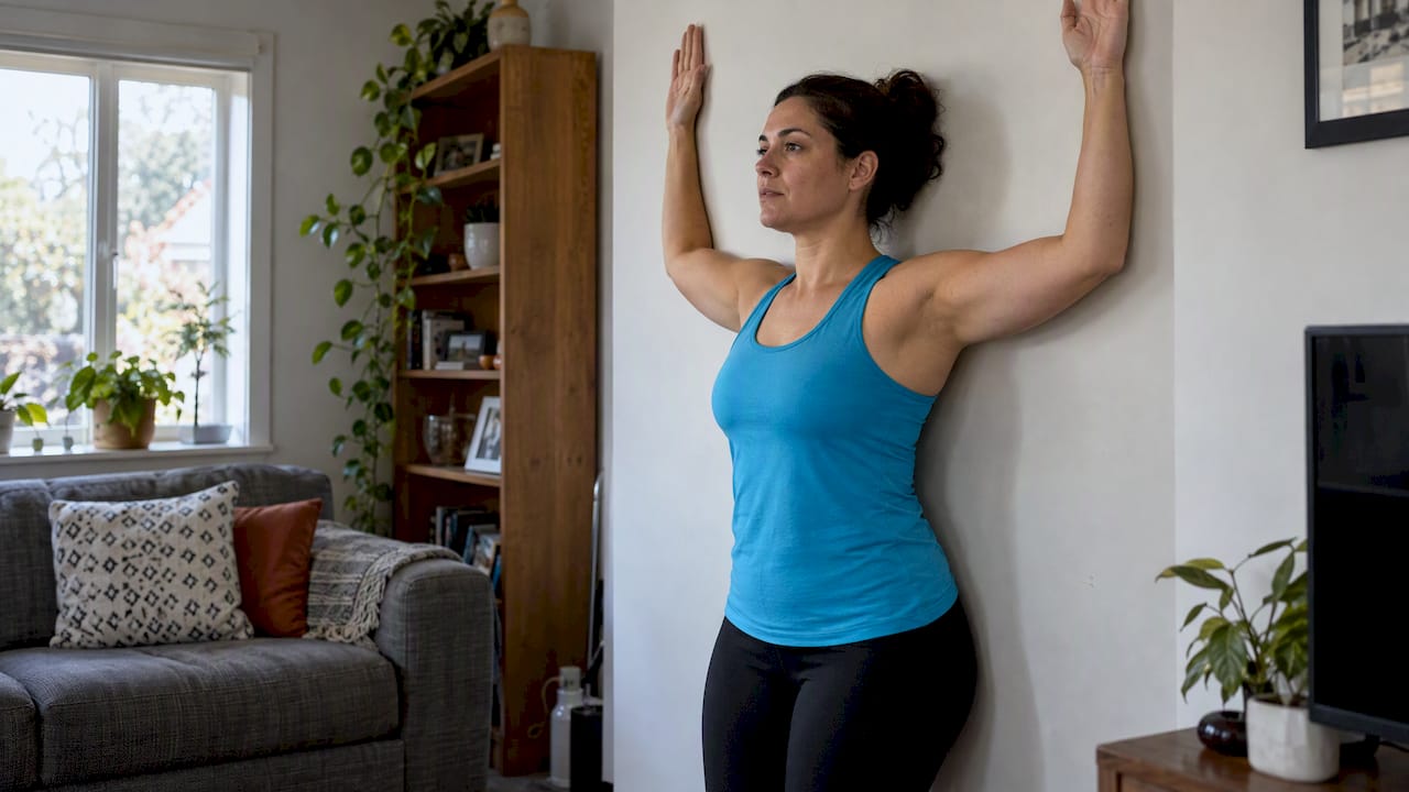 Woman performing wall angels against a wall