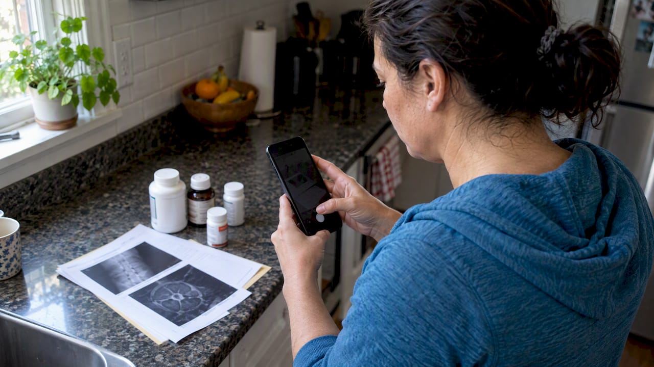 Patient photographing medication bottles and imaging reports