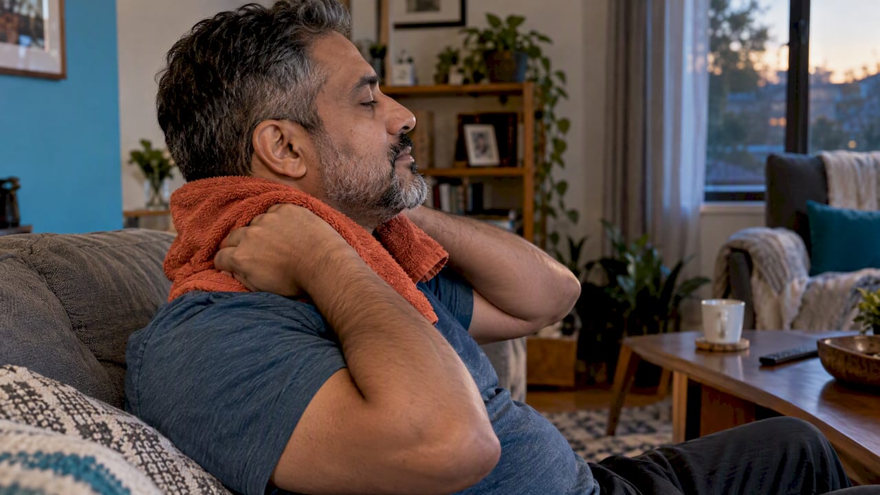 Man resting warm towel on his neck